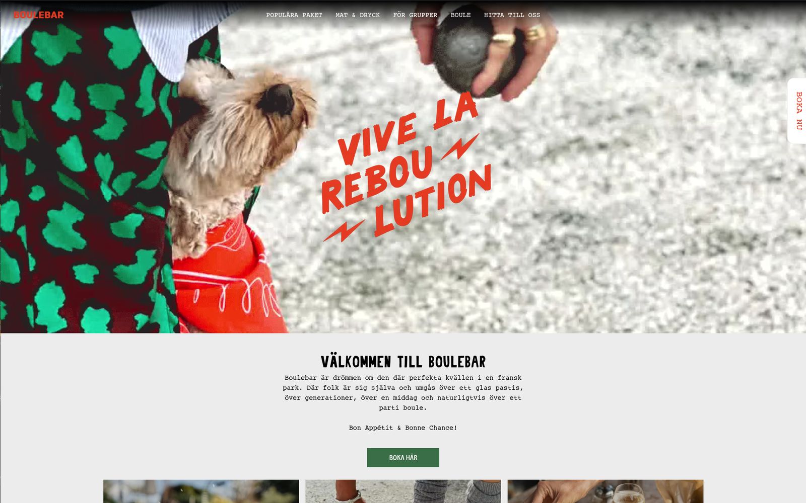 Boulebars startsida: Vive la reboulution över en bild från en boulebana, och under den välkomsttexten och knappen till bokningen