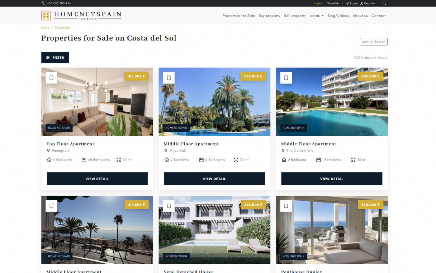 Homenetspain bostadssökning för Costa del Sol, 7 220 objekt