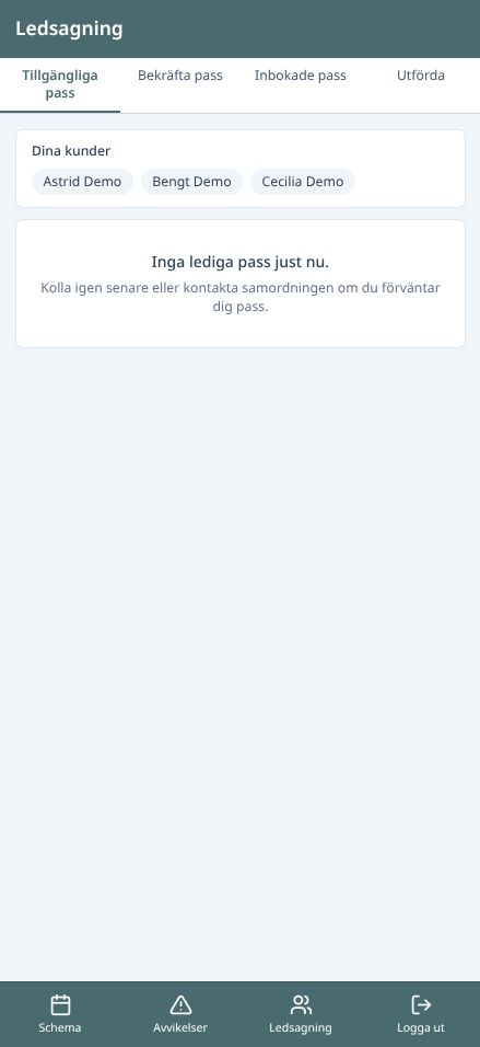 Sympatis personalapp, ledsagning: lediga pass, pass att bekräfta, inbokade och utförda, och personalens kunder